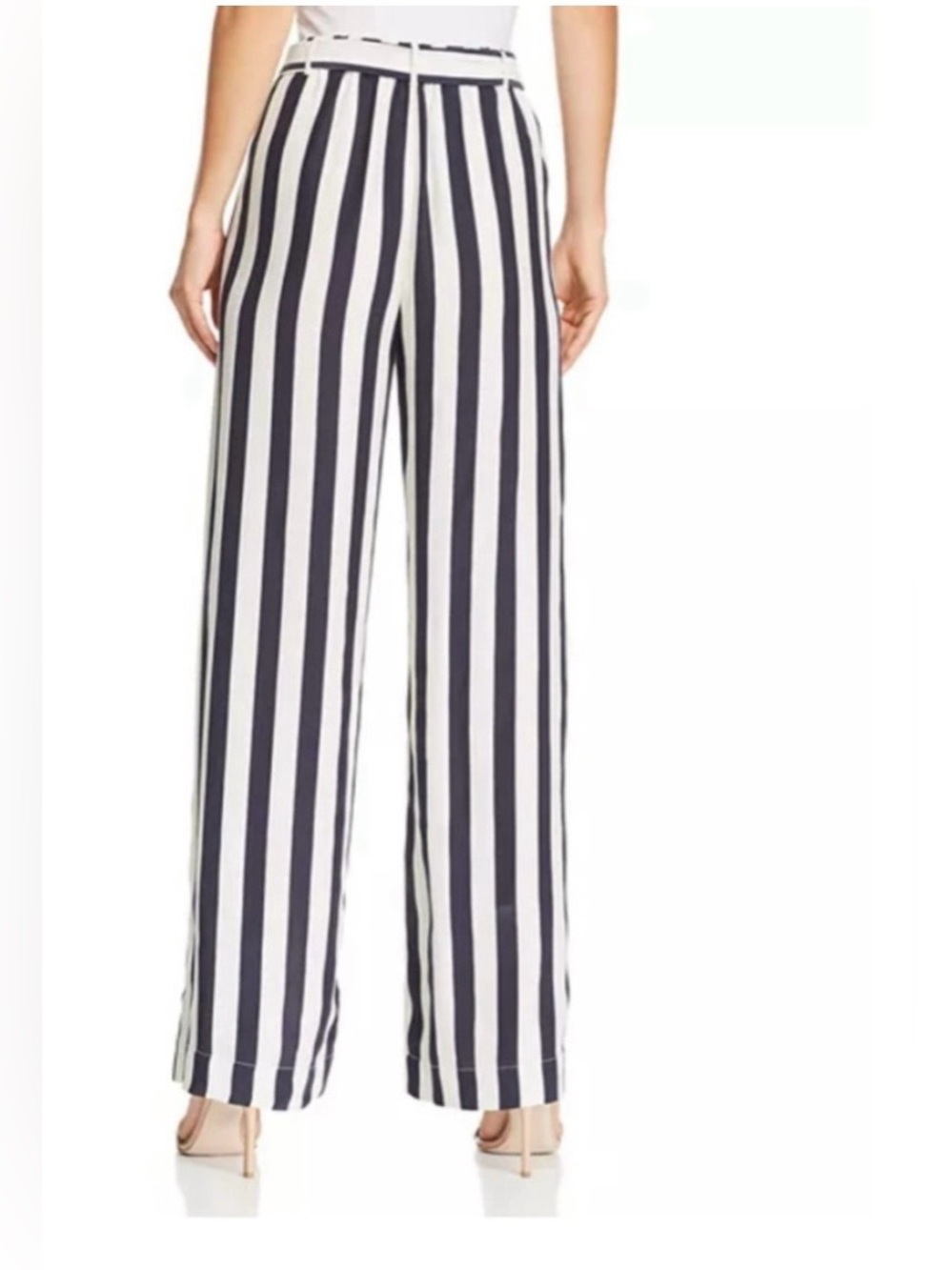 FRAME Silk Navy/Cream Wide Leg Belted Pants Size L - Picture 2 of 7